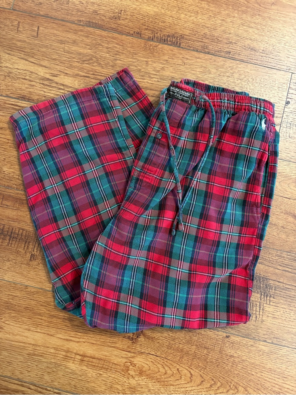 Polo Ralph Lauren Flannel Sleep Pants L Red Green Plaid 100% Cotton Pockets